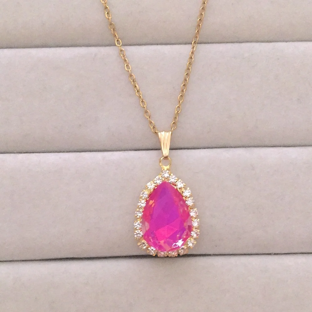 Fuchsia Hot Pink Opal Aurora Borealis + Gold Crystal Halo Drop Pendant Necklace